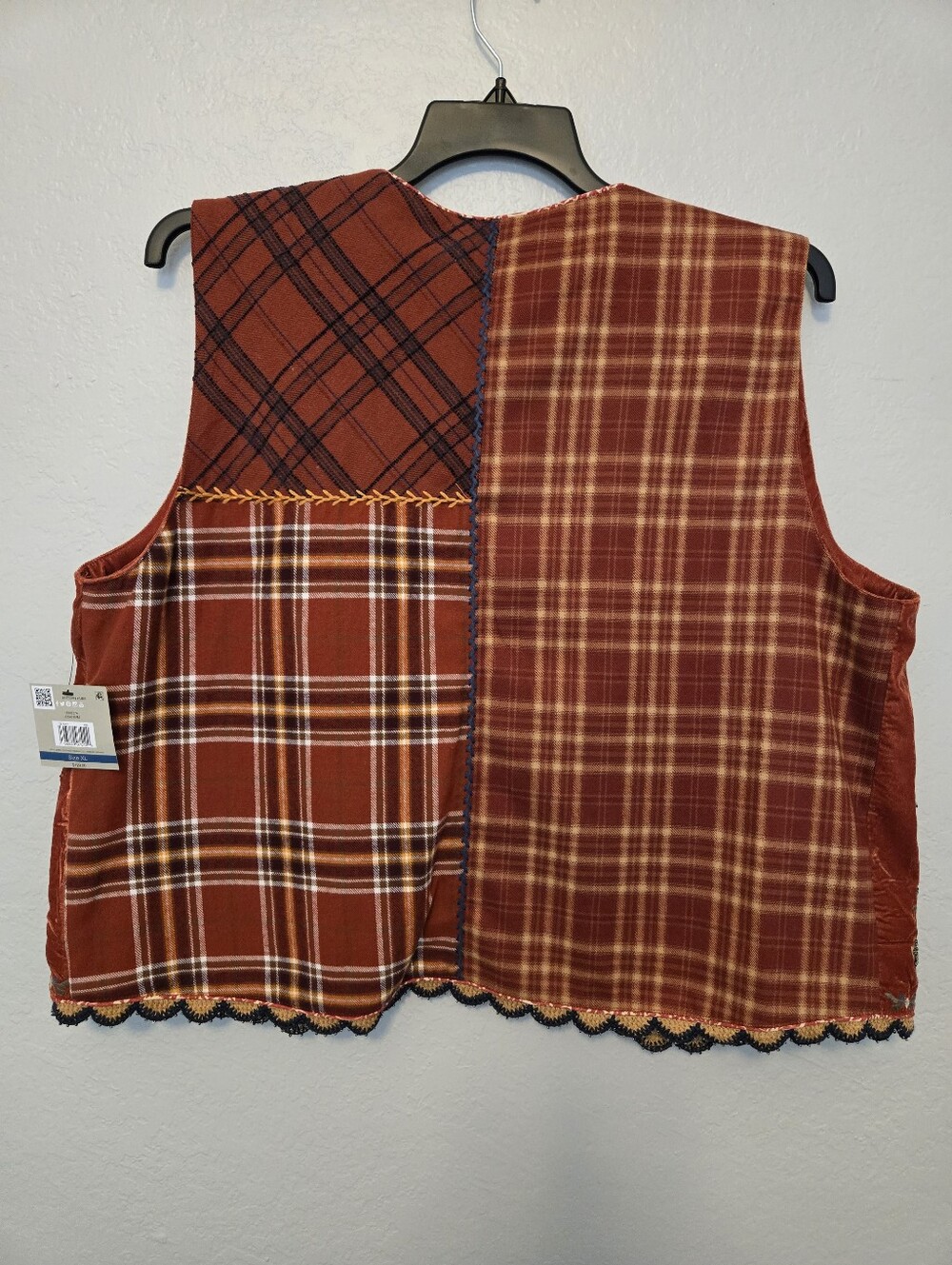 John Mark Embroidered Velvet Beaded Floral And Patchwork Plaid Open Front Vest - Picture 6 of 6